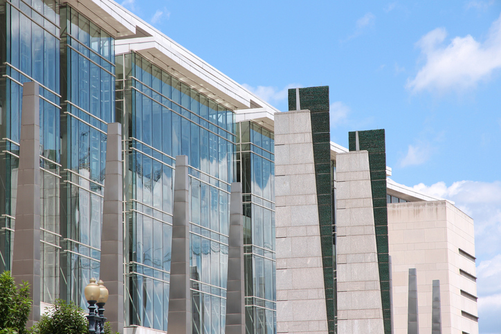 Modern architecture of Walter E. Washington Convention Centre in Washington DC. It is located at city superblock bounded by Mount Vernon Square.